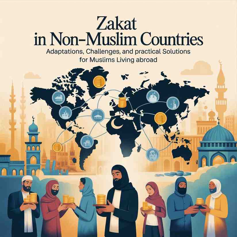 An illustration of a world map and diverse Muslims holding gold coins, representing the calculation and distribution of Zakat in non-Muslim countries.